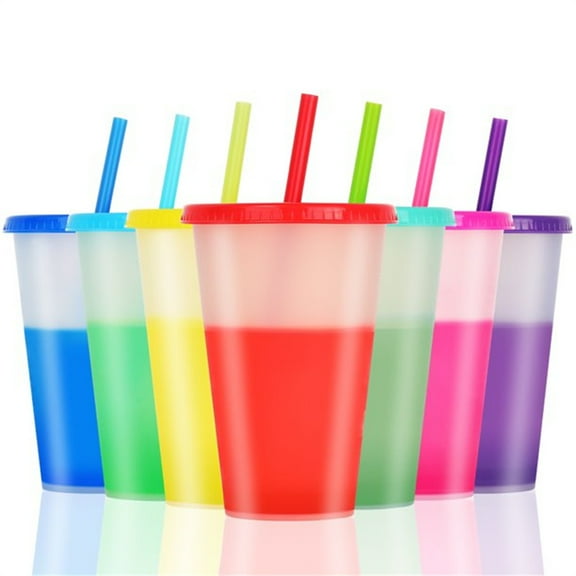 Nogis Color Changing Cups with Lids & Straws- 7 Reusable Cute Plastic Tumblers and 2 free Straw Cleaner - Ice Cold Drinking Cups for Kids & Adults, 16oz