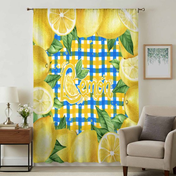 Yellow Lemon Sheer Curtains 84 Inches Long, Summer Botanical Blue Yellow Buffalo Plaid Light Filering Curtains, Breathable Simi Curtain Privacy Drapes for Living Room Bedroom Window Treatment