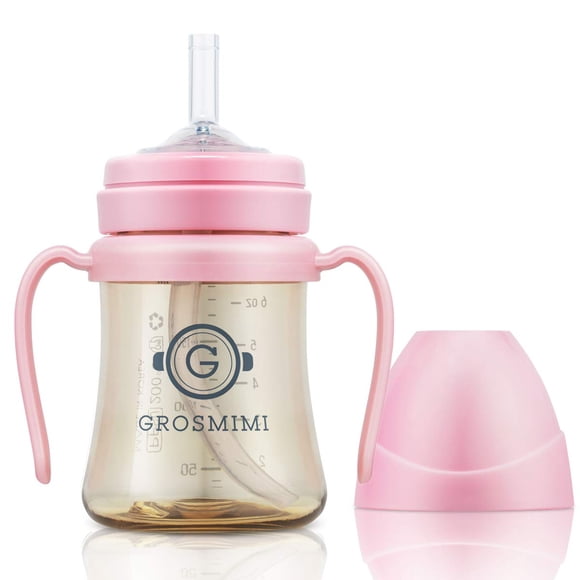 Vaso para sorber GROSMIMI, magia a prueba de derrames, con pajita PPSU, 180 ml, rosa