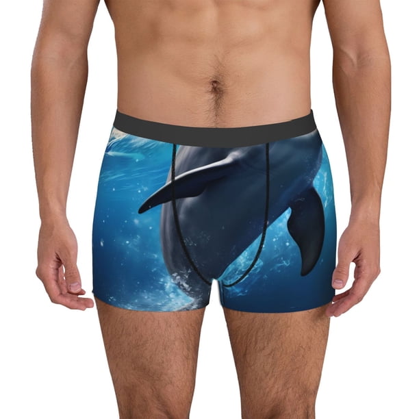 Balery Ice Blue Ocean Cute Dolphin Calzoncillos bóxer para hombre, ropa interior de algodón suave y transpirable con cinturilla de nailon-Large