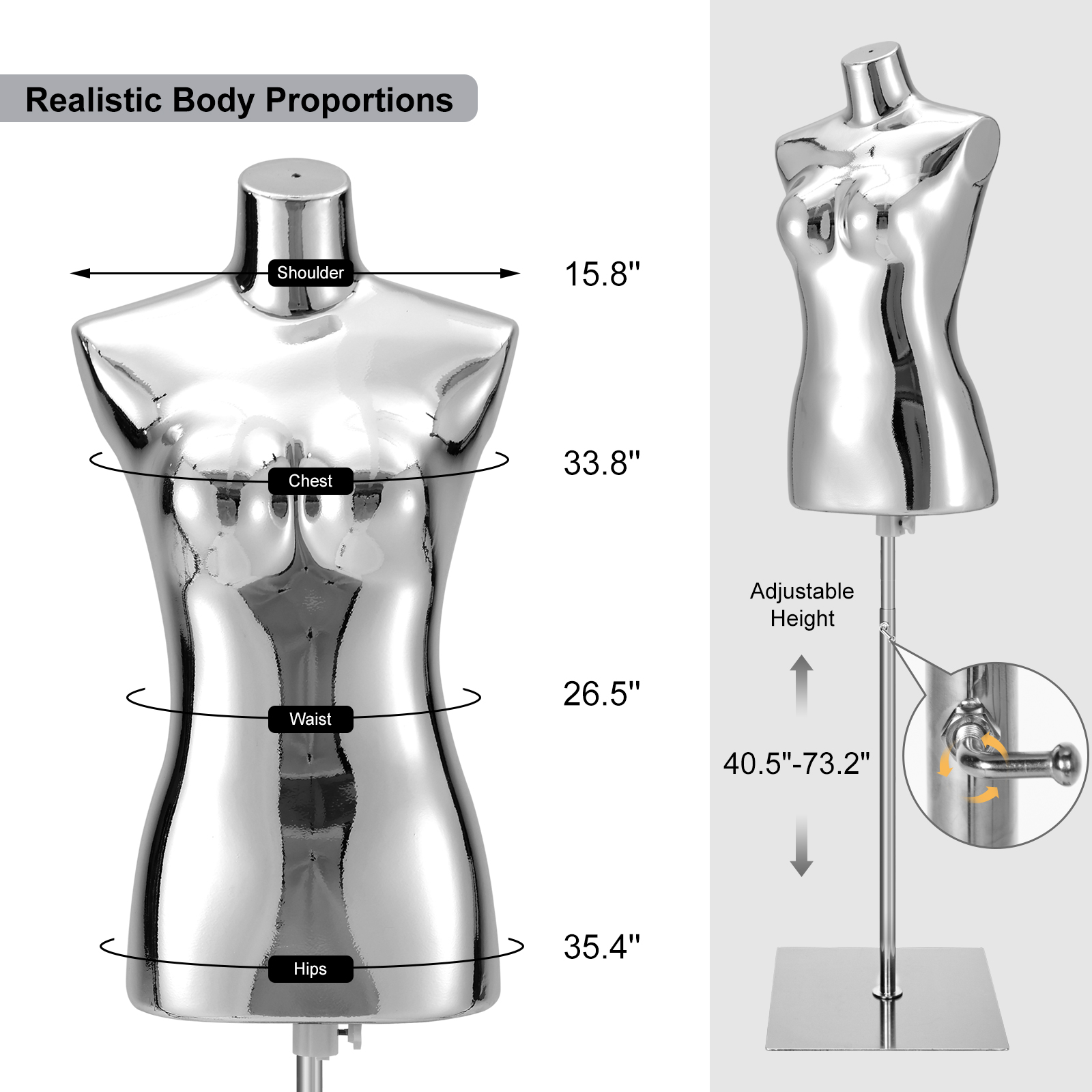 Female Mannequin Dress Form Torso - Manikin Body with Metal Stand Height Adjustable, Display Mannequin Body for Sewing Clothes (40-75Inch, Silver)