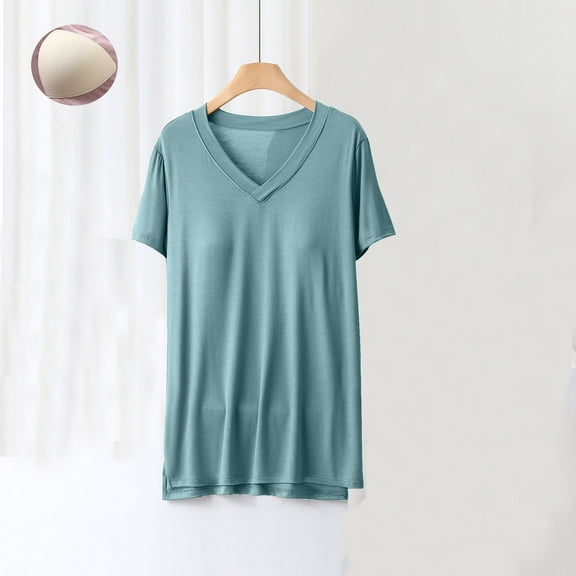 Teissuly Women Blouse Plain Casual Fashion V-Neck Regular Short Sleeve Pajama Tops