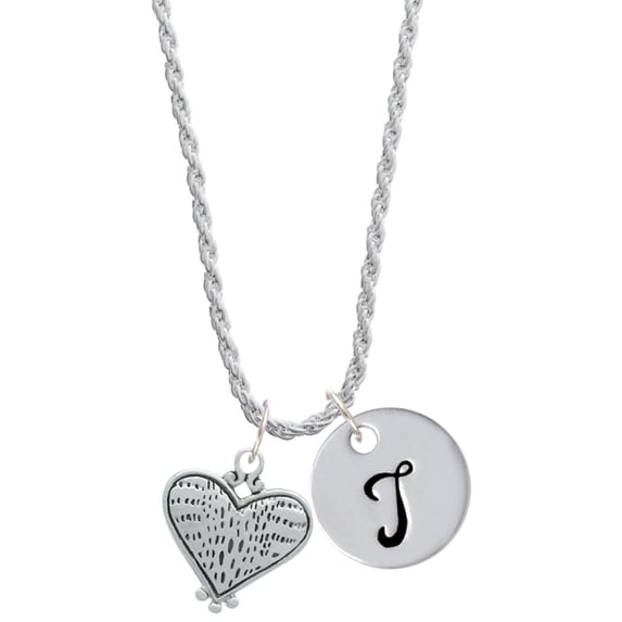 Delight Jewelry Antiqued Alligator Print Heart Silvertone Script Initial Disc - T - Charm Necklace, 20"+3"