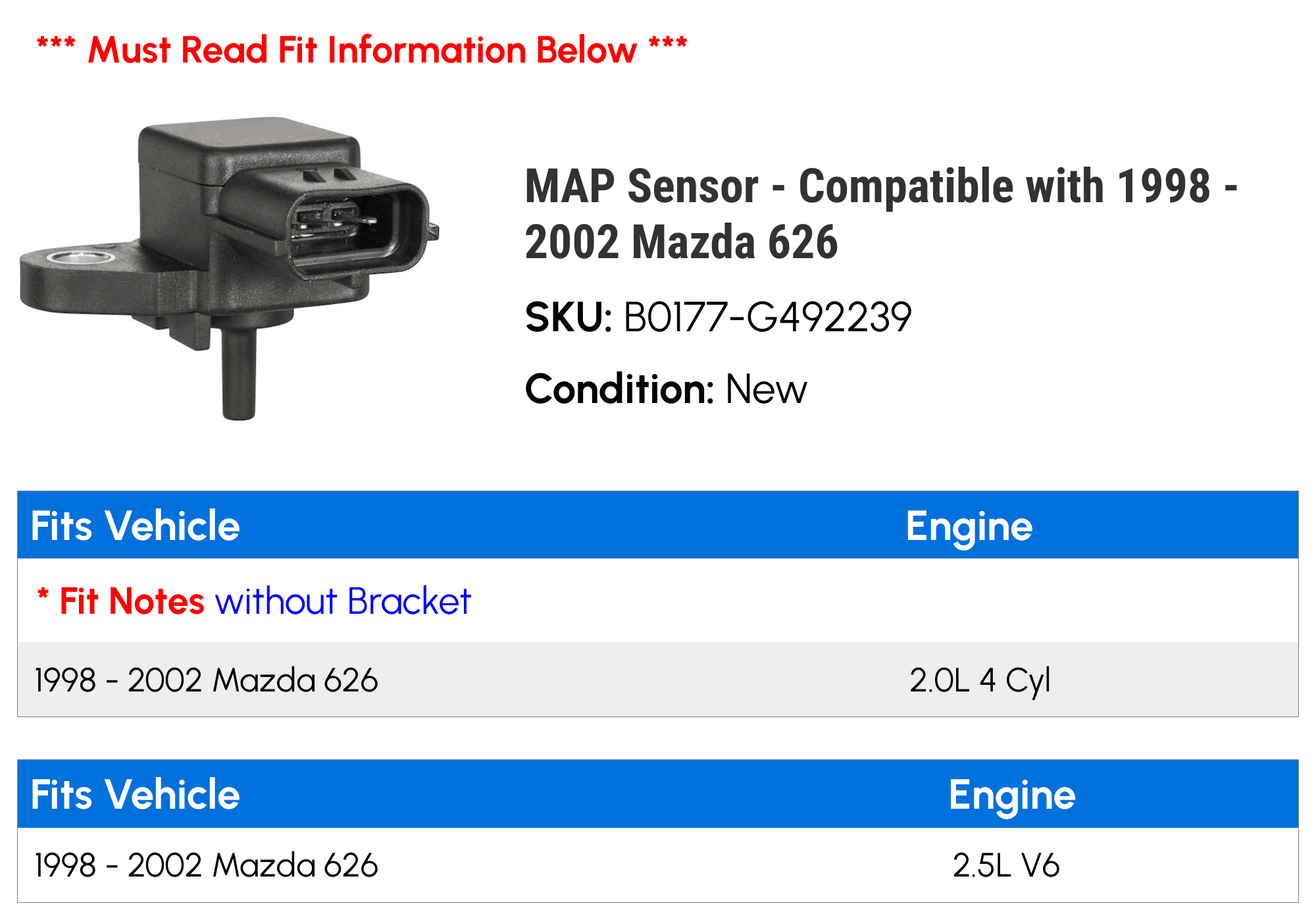 MAP Sensor - Compatible with 1998 - 2002 Mazda 626 1999 2000 2001