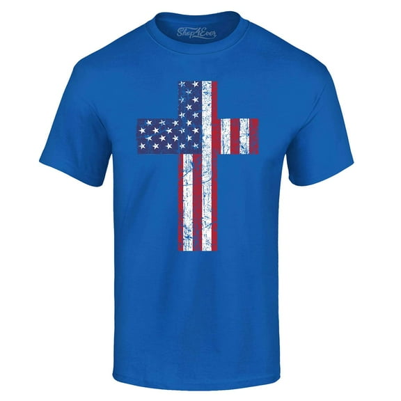 Shop4Ever Men's Distressed American Flag Cross Graphic T-shirt Large Royal Blue