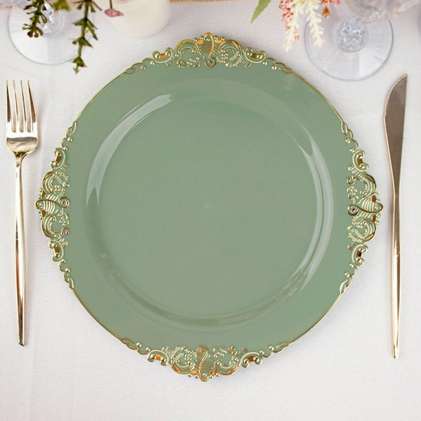 Efavormart 10 Pack | Dusty Sage/Gold Baroque 10" Round Plastic Dinner ...
