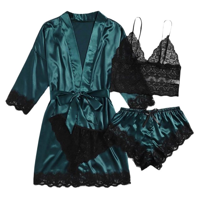 Conjunto de pijama de satén con encaje Floral para mujer, ropa de dormir con bata de 4 piezas, Sexy, de seda sintética, informal, para el hogar