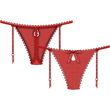 Necessary Objects Temptress Keyhole G-String Panty with Garters, Large, Red