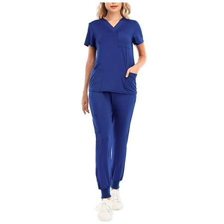 

Sksloeg Scrubs for Women Sets Set 2 Pocket 4-Way Stretch Elements V-Neck Short Sleeve Workwear Blue XXL