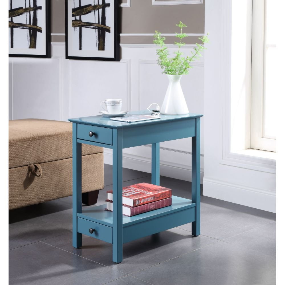 Teal Wood Rectangular Side Table with USB Charging Dock