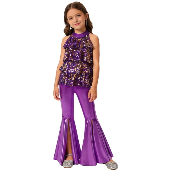Sholeno Girls Sparkly Sequins Tassel Dance Leotards with Bell-Bottom Pants Disco Party Jazz Hip Hop Dancewear Purple 16