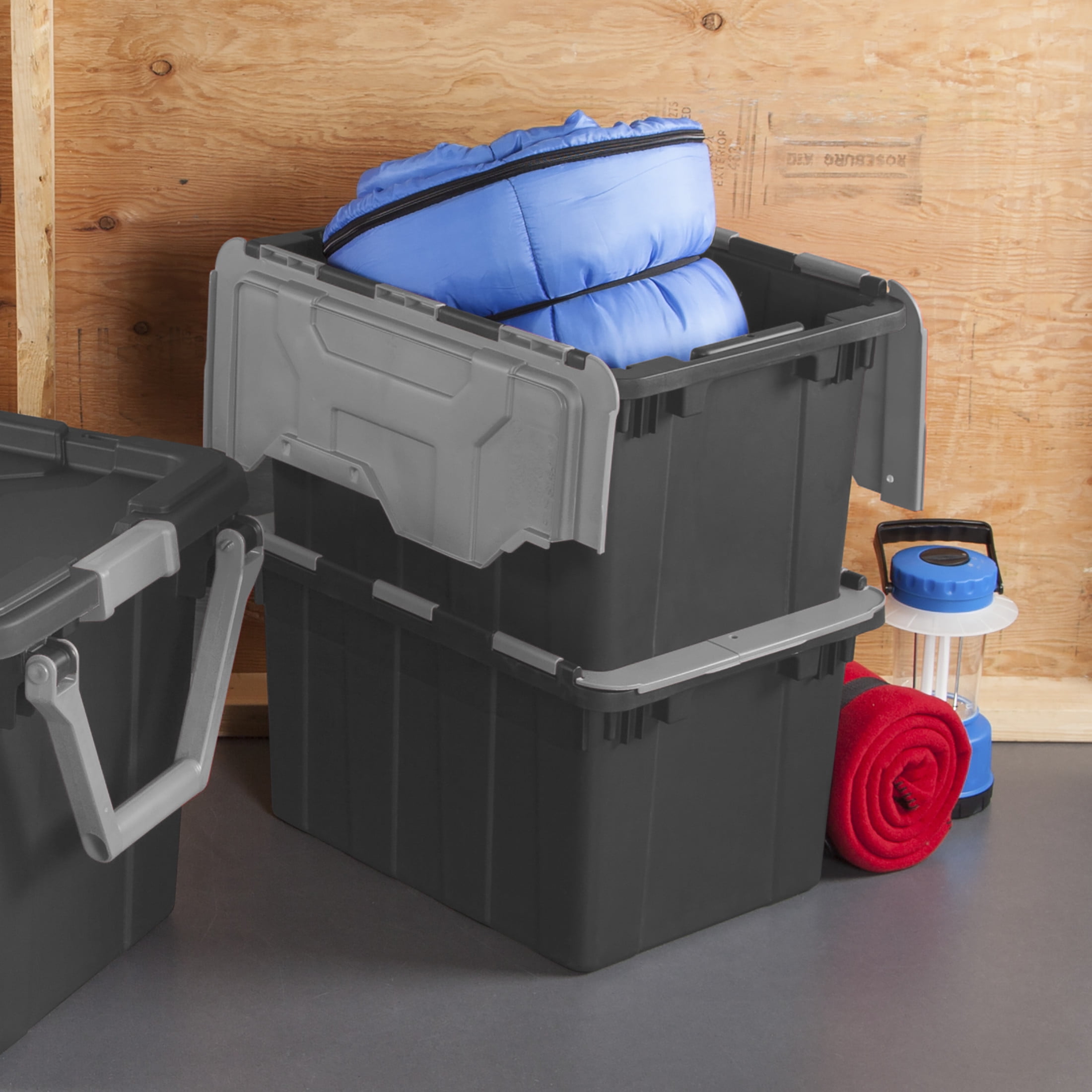 Sterilite Small Hinged Lid Industrial Storage Bin, 12 Gallon Rugged Plastic Storage Tote, Dark Gray