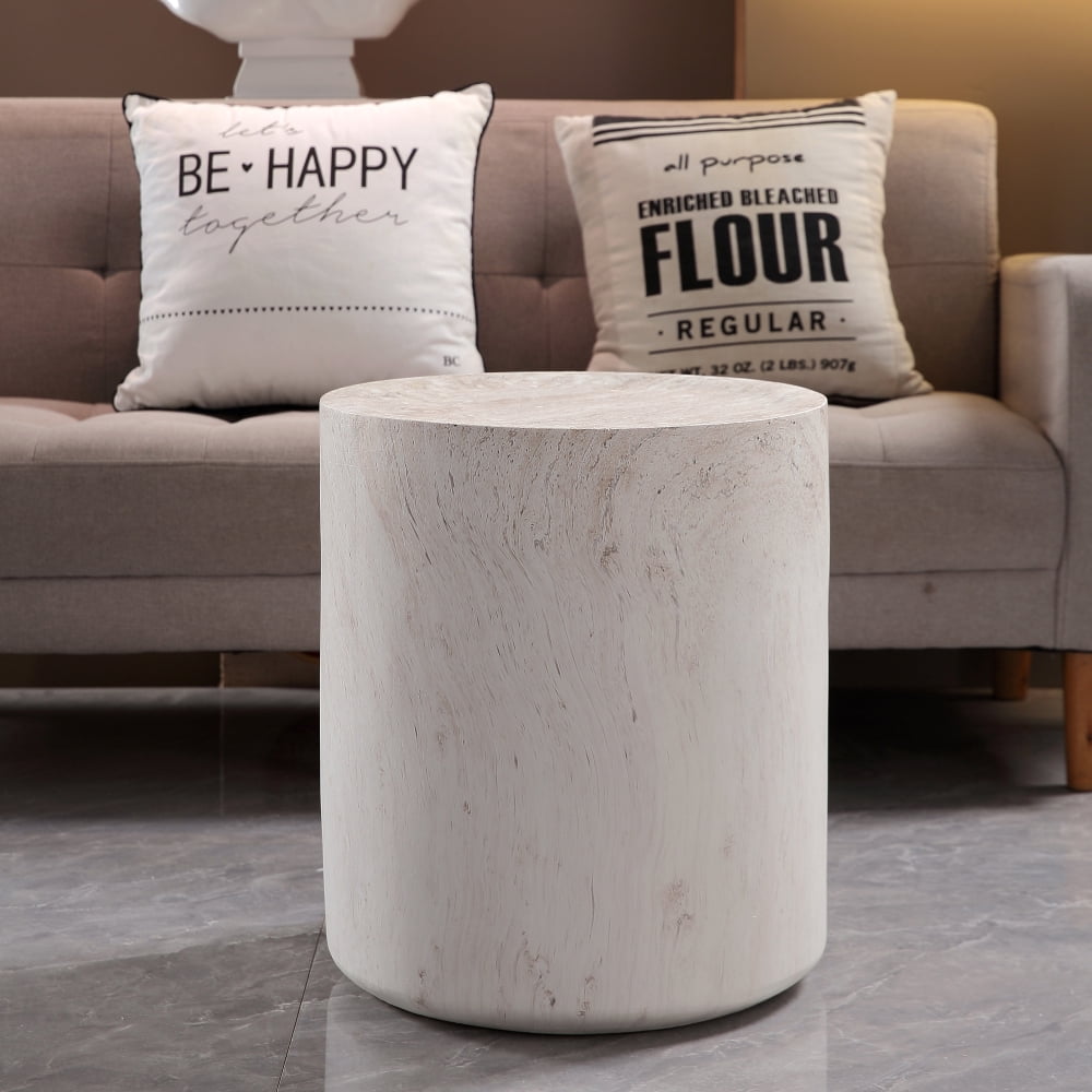 31.5" Round Drum Coffee Table, Light Travertine Finish Magnesium Oxide Table, Weather Resistant Indoor Outdoor Accent Table