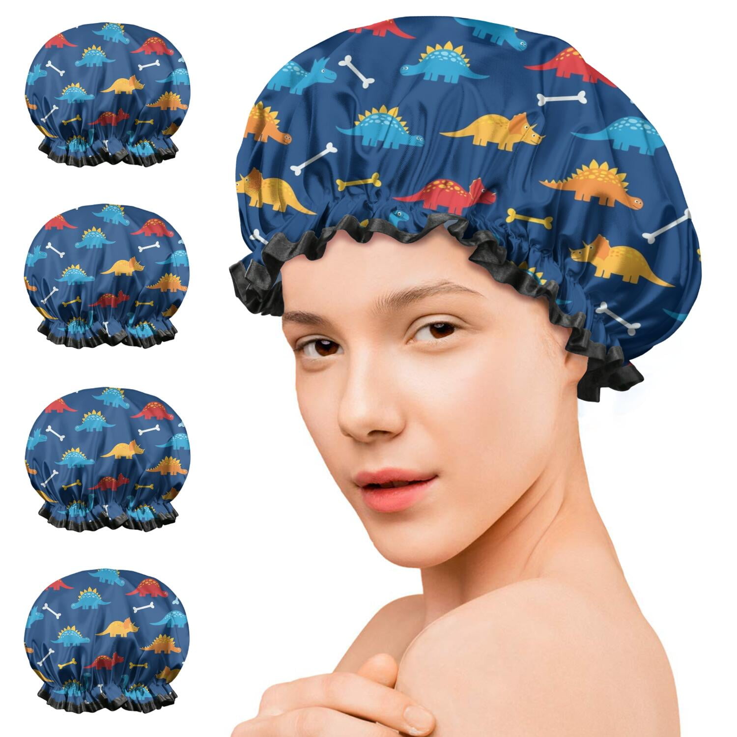Shower Caps,DarkBlue Cartoon Dinosaurs Bones Pattern Waterproof Shower Cap for Women 4 Pieces,Double Reusable Hair Cover for Shower PEVA Elastic Stretch Hem
