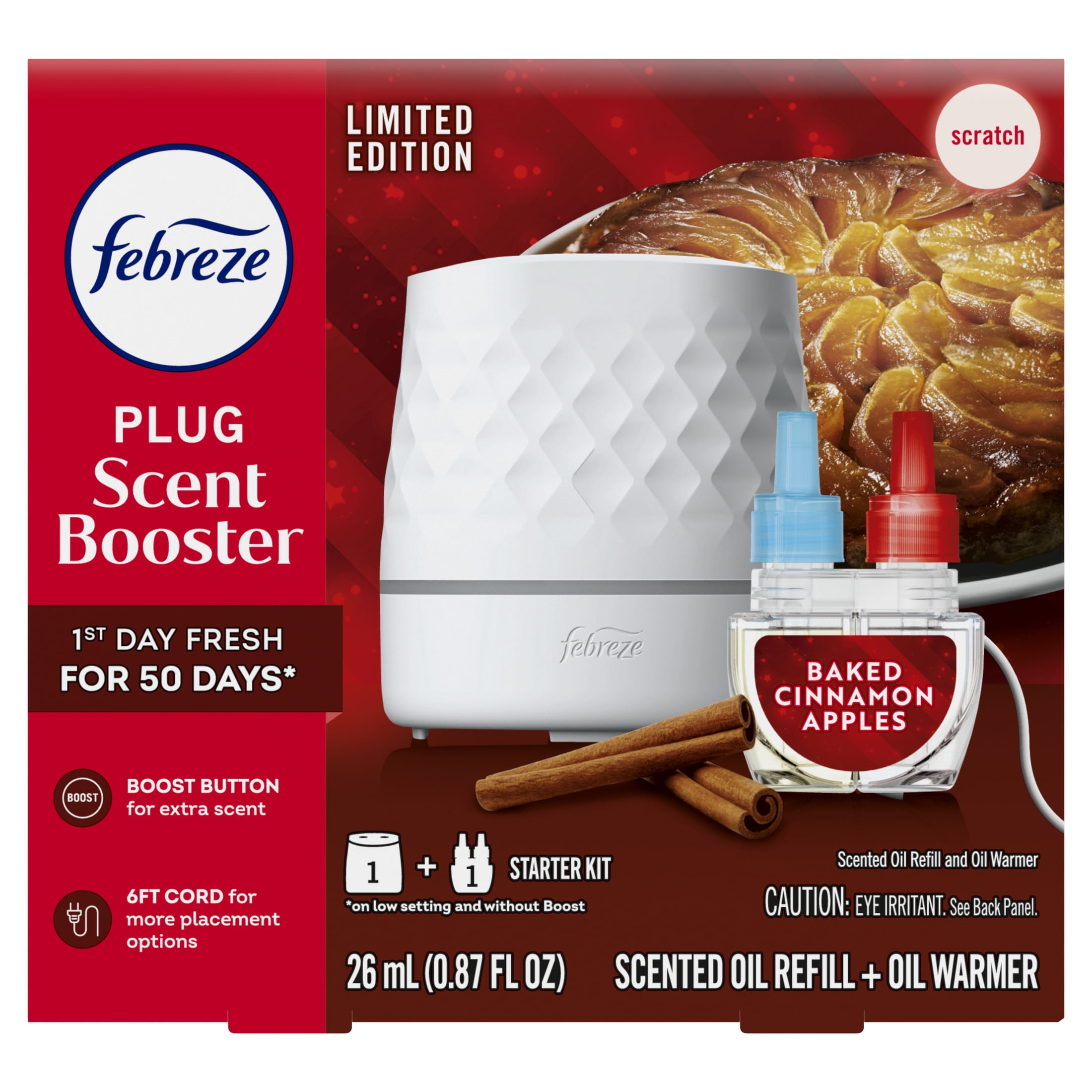 Febreze PLUG Scent Booster Starter Kit, Oil Diffuser, Air Freshener Plug In, Continuous Scent Device + 1 Baked Cinnamon Apple Refill
