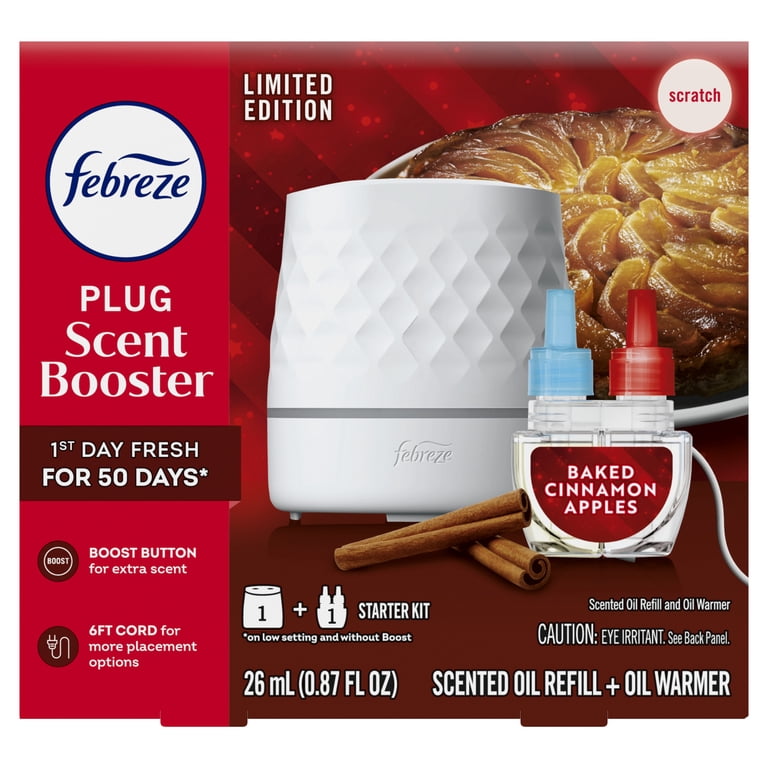 Febreze PLUG Scent Booster Starter Kit, Oil Diffuser, Air Freshener Plug  In, Continuous Scent Device + 1 Baked Cinnamon Apple Refill