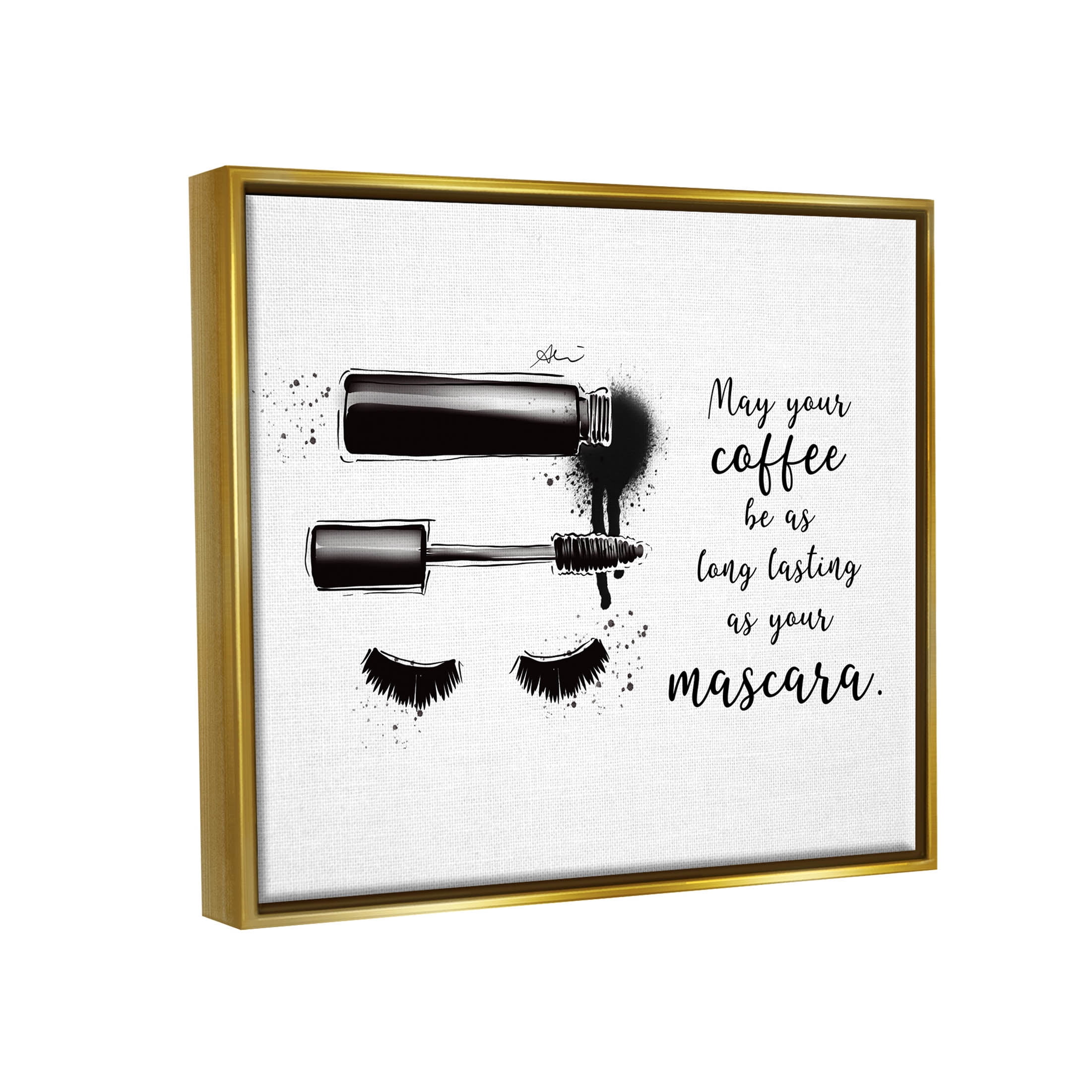 Stupell Industries Coffee & Lashes Mascara Phrase Graphic Art Metallic Gold Floating Framed Canvas Print Wall Art, Design by Alison Petrie
