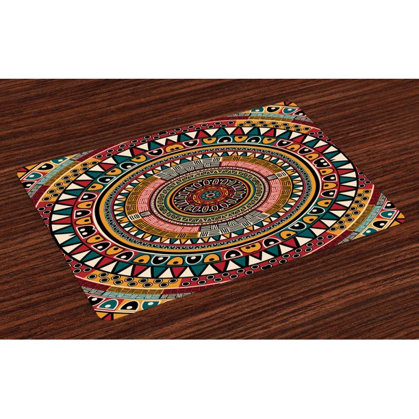Tribal Placemats Set of 4 African Folkloric Tribe Round Pattern with