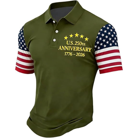 250Th Anniversary USA Shirt Men's Short Sleeve Patriotic Polo Shirt Stars and Stripes Print Knit Casual Comfort Fit Commemorative Graphic Collared Shirt Independence Day Celebration Army Green L