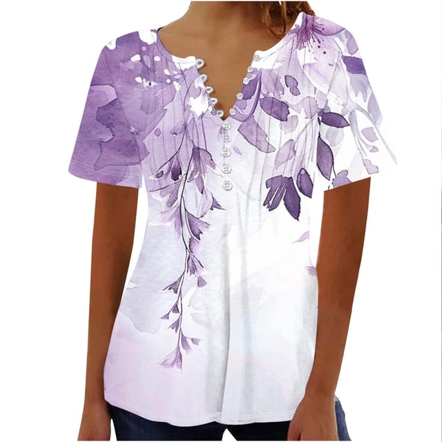 Blusas para Mujeres Casual Impreso en V-Cuello Botón Plegado de Manga Corta para el Hogar Y el Uso Diario
