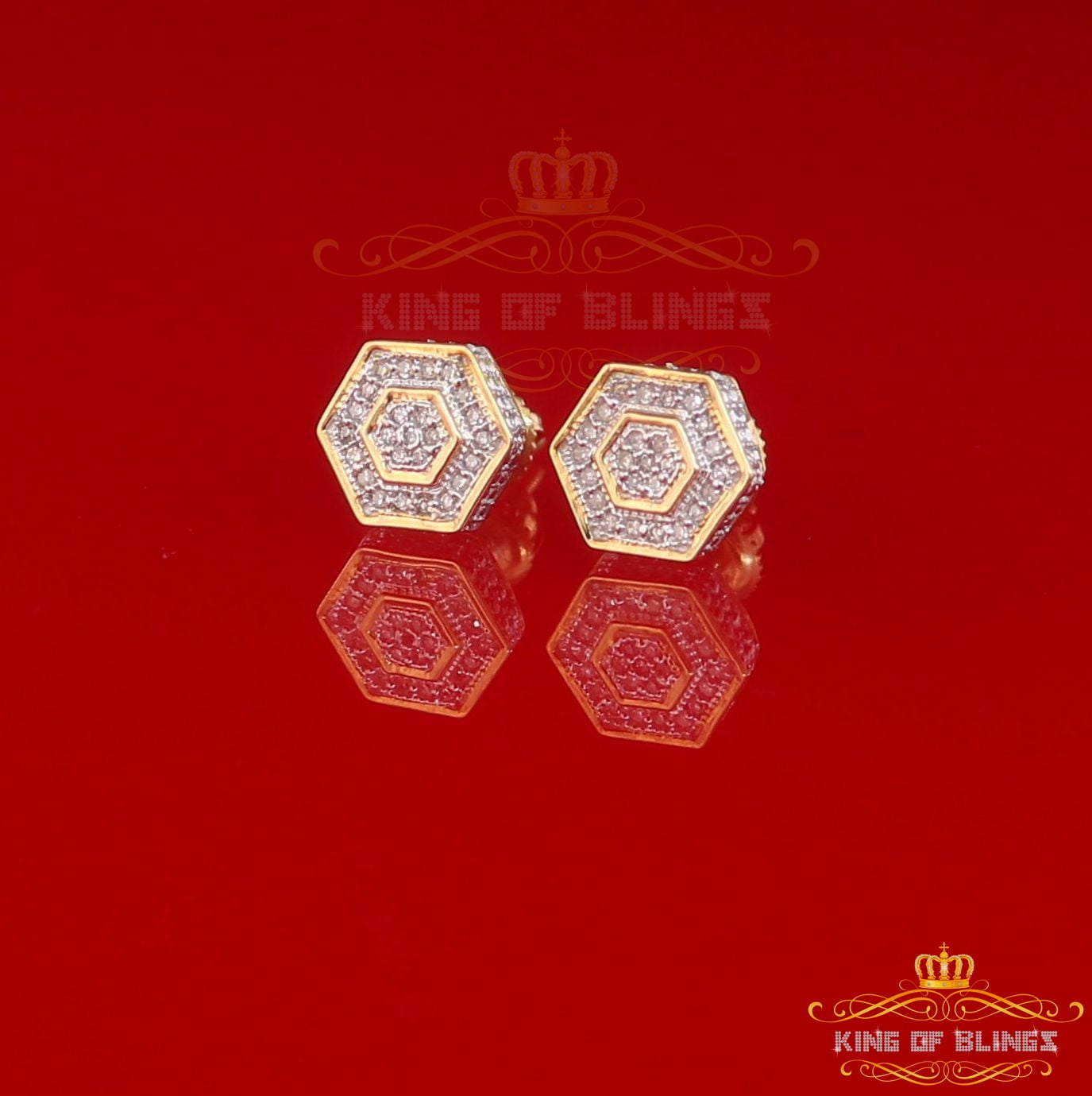 King of Bling's 10K Real Yellow Gold with 0.10CT Real Diamond Men's/Women's stud Hexagon Earring