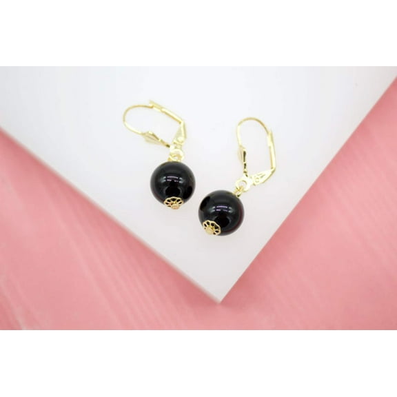 18K Gold Filled Black Pearl Dangle French Lever Back Earrings
