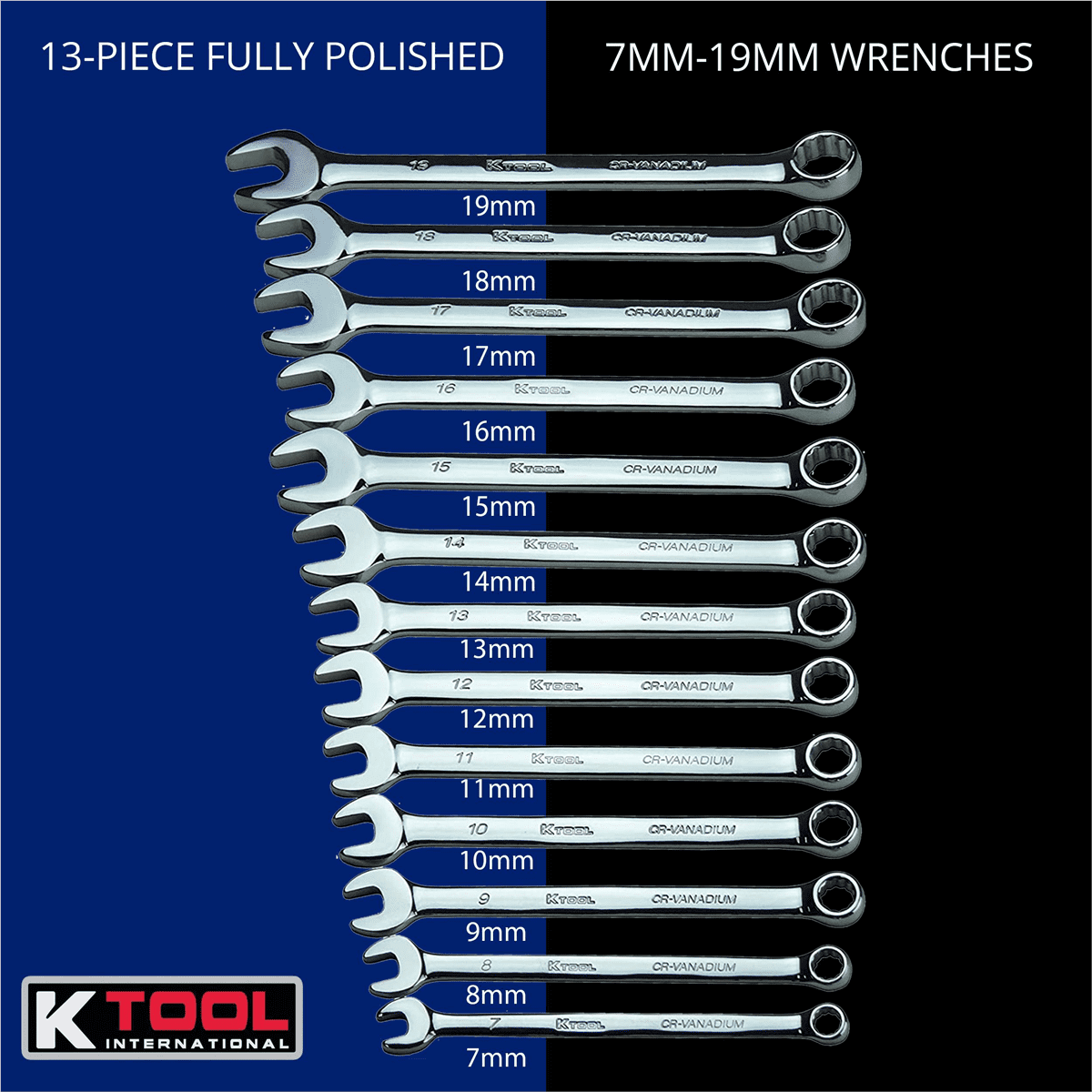 K-Tool 41800 Metric Combo Wrench Set, 13-pc, Sizes (7mm-19mm Wrenches)