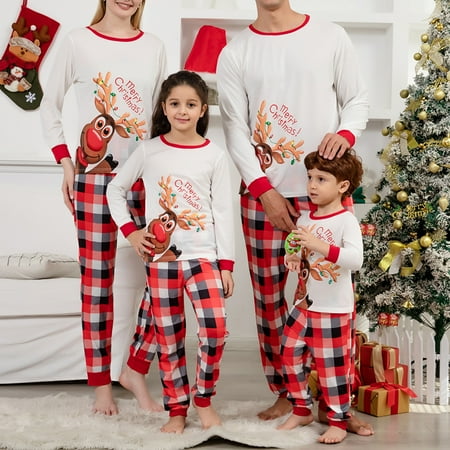 

Sunisery Christmas Pajamas For Family Cartoon Elk Letter Print Long-Sleeve Tops + Elastic Waist Plaid Pattern Trousers