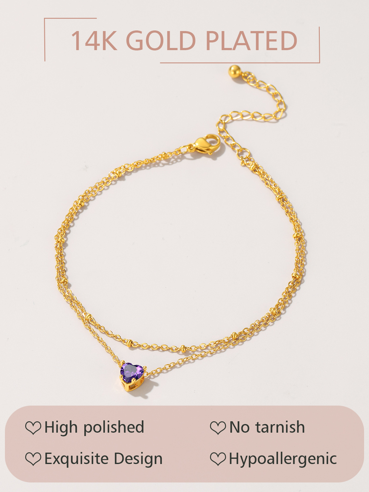FindChic Heart Birthstone Anklet for Women, Gold Plated photo 5