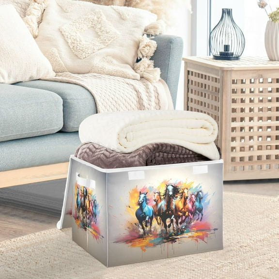 Horse Colorful Storage Basket Foldable Laundry Basket Shelf Kids Toy Storage Container Organizer with Handles