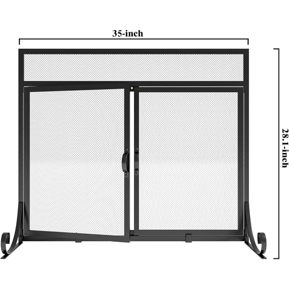 Flat Fireplace Screen with Doors,Solid Wrought Iron Frame with Metal Mesh, Flat Panel Decorative Fireplace Screen with Modern Design, Free Standing Spark Guard