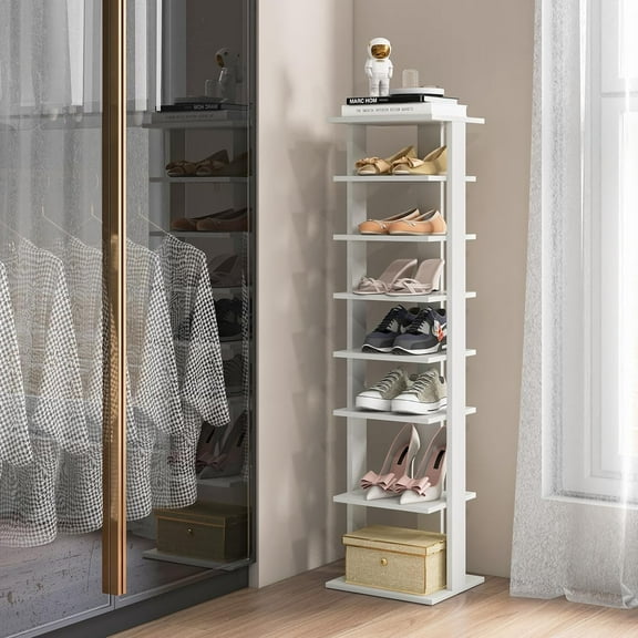 7-Tiers Shoe Rack, Tall Vertical Shoe Storage with Removable Shelves & Anti-toppling Device, Slim Corner Shoe Shelf Organizer for Entryway, Closet, Small Space (White)