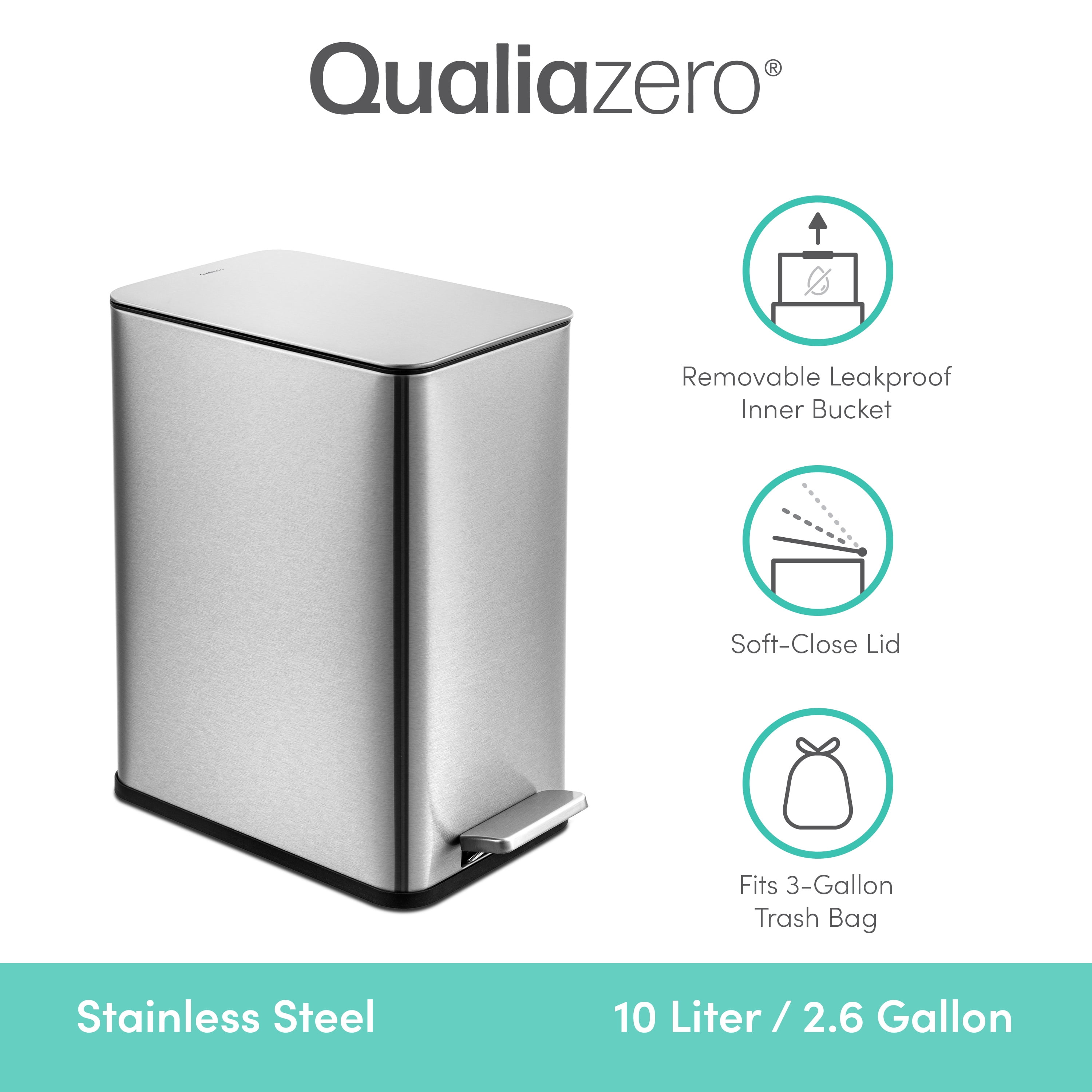 Qualiazero 2.6 Gallon Trash Can, Stainless Steel Step On Bathroom Trash Can, Silver