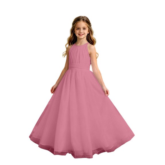VBEWZET Ruched Waist Long Formal Dresses for Little Girls, Full A-Line Tulle Maxi Princess Gown for Party Baptism Pink 6-7 Years