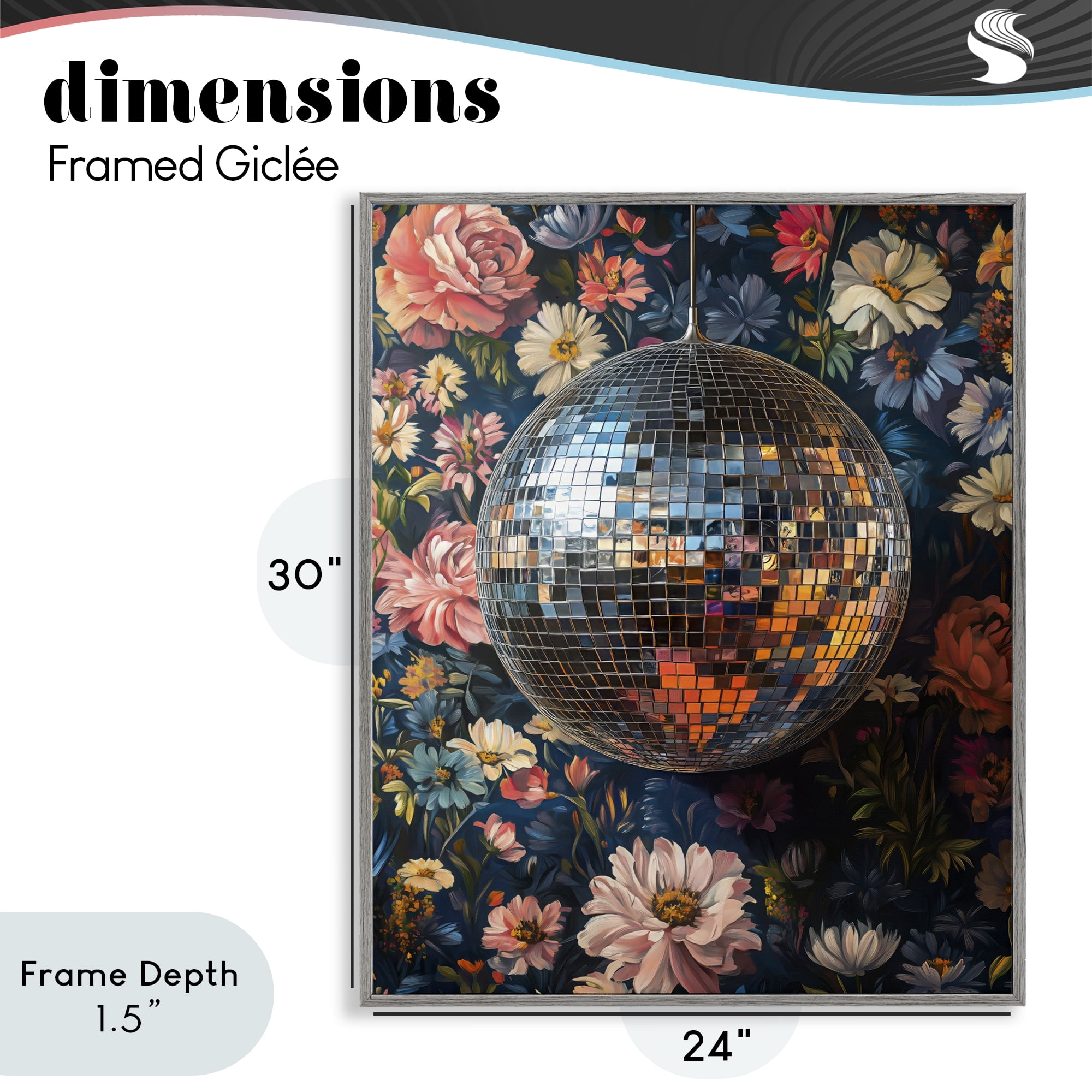 Stupell Industries Floral Disco Ball Reflection Gray Framed Giclee Art, design by LSR Design Studio