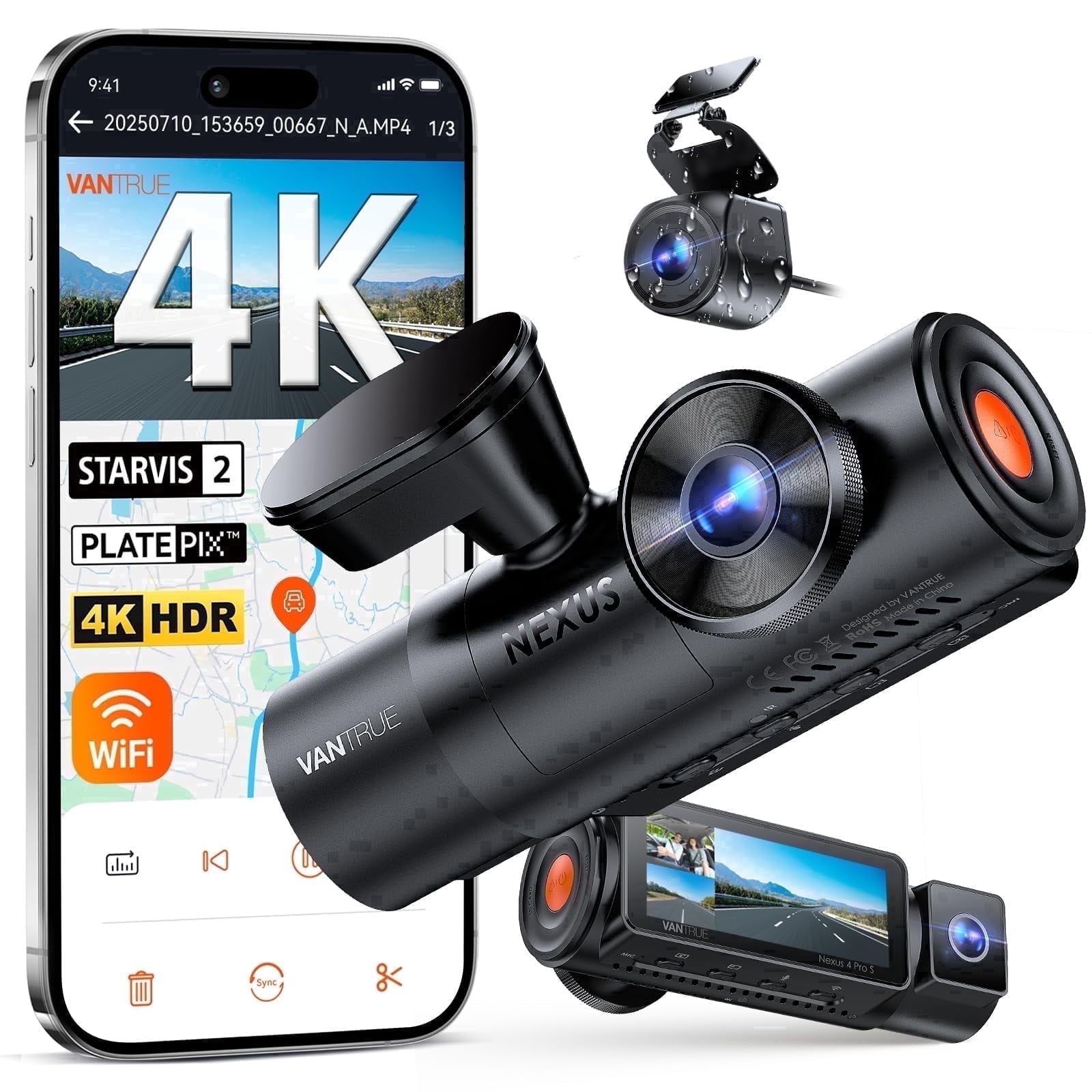 新品未使用 Vantrue Nexus 4S 前後3カメラ STARVIS 2 Vantrue Nexus 4 Pro 3-Channel 4K Dash Cam, WiFi, Night Vision
