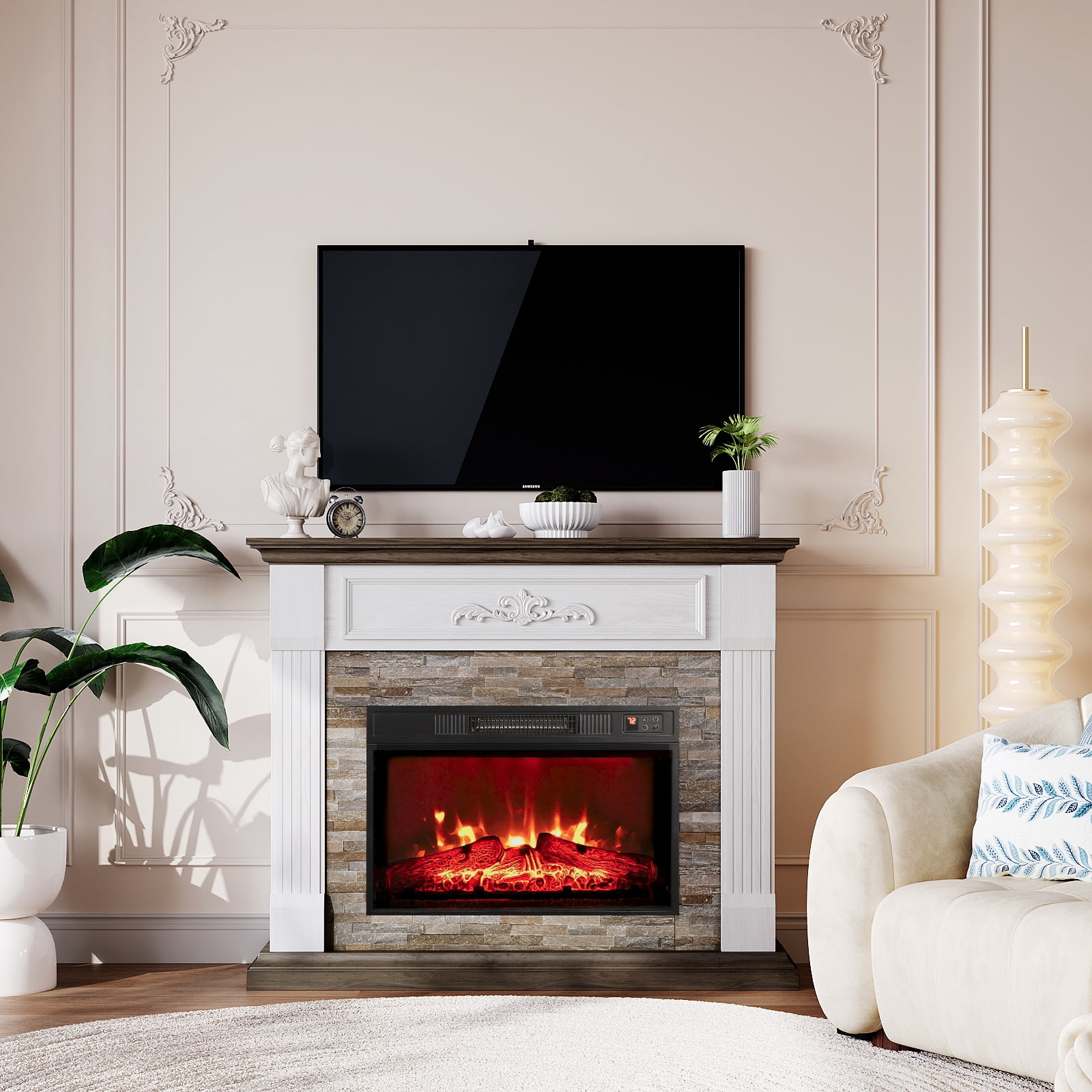 44"L Electric Fireplace Mantel Wooden Surround Firebox, Free Standing Fireplace, with Remote Control, Adjustable LED Flame