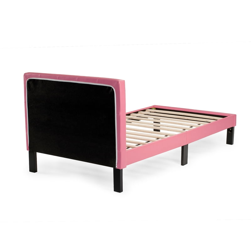 Rosebery Kids Modern Twin Faux Leather Bed Frame With Slats In Pink Pink