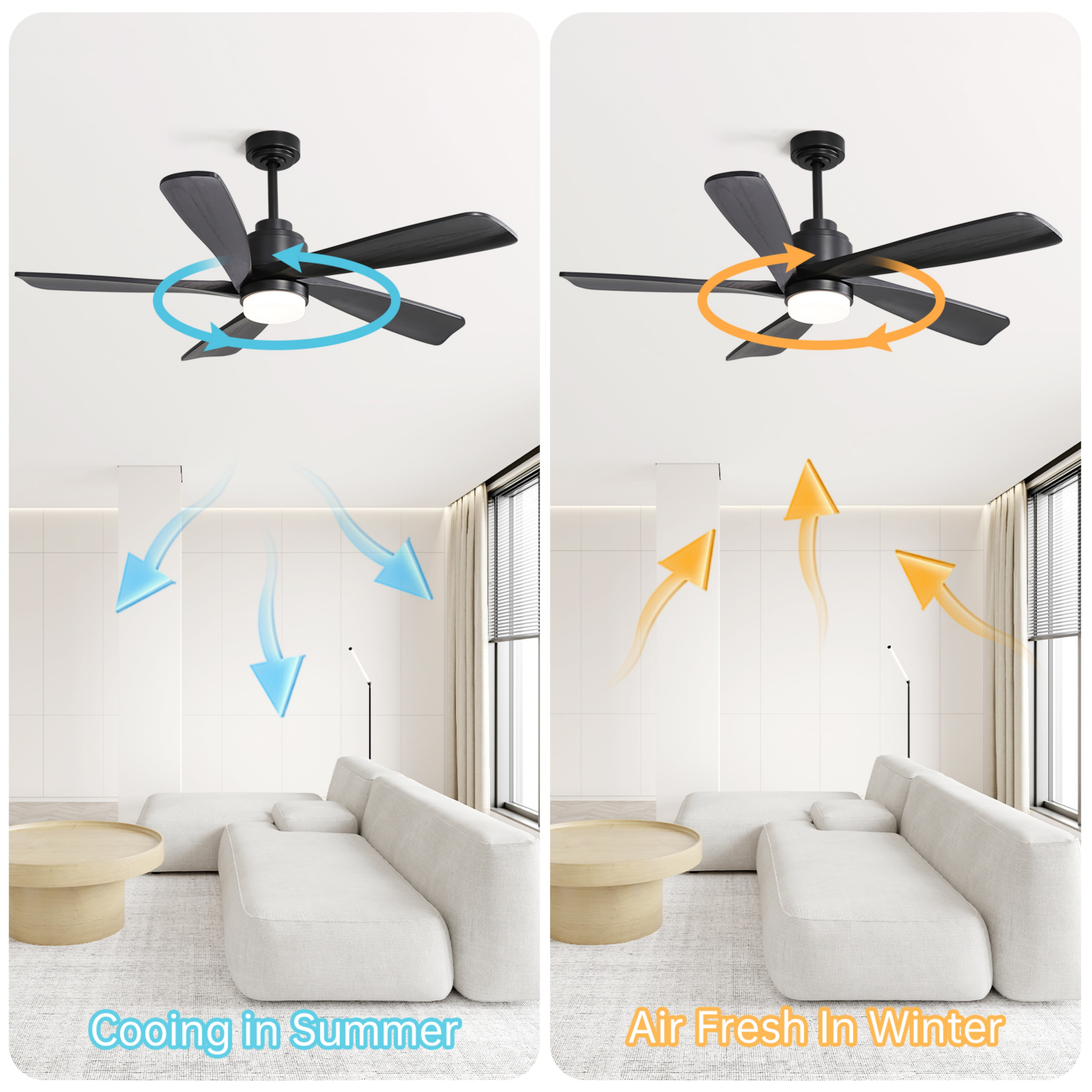 Sofucor 52-Inch Black Wood Blade Ceiling Fan with LED Light and Remote Control - Modern, Farmhouse, Contemporary