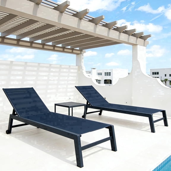PURPLE LEAF Outdoor Chaise Lounge Set 2 Pieces Textilene Pool Lounge Chairs with Wheels Sunbathing Chair for Outdoor, Beach, Yard, Side Table Included, Navy Blue