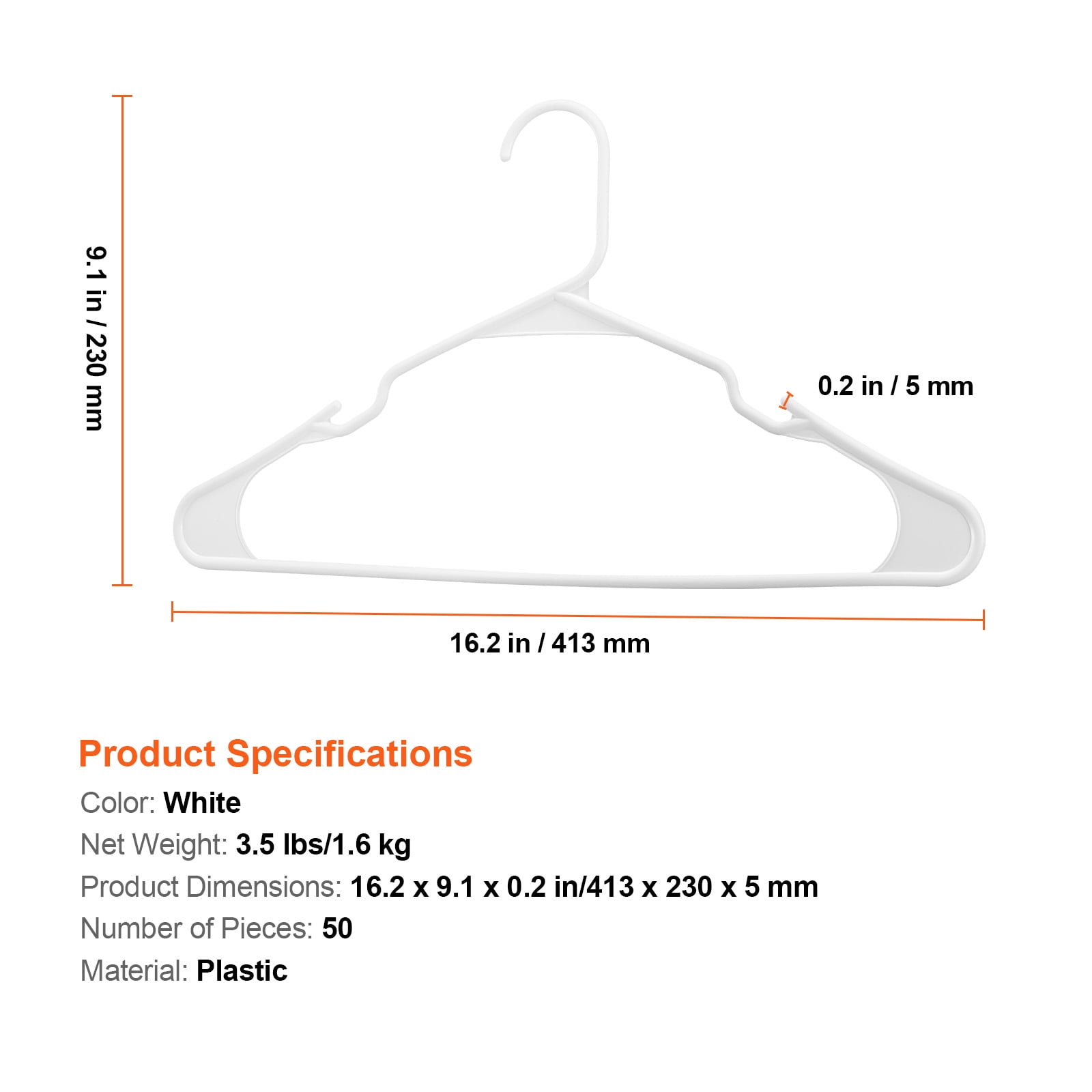 KFFKFF Slim 0.2-inch Hangers, 50-Pack, White, with Durable Triangular Structure & Enhanced Notch, Non-Slip, Space-Efficient, Ideal for T-Shirts, Shirts, Slings & Pants
