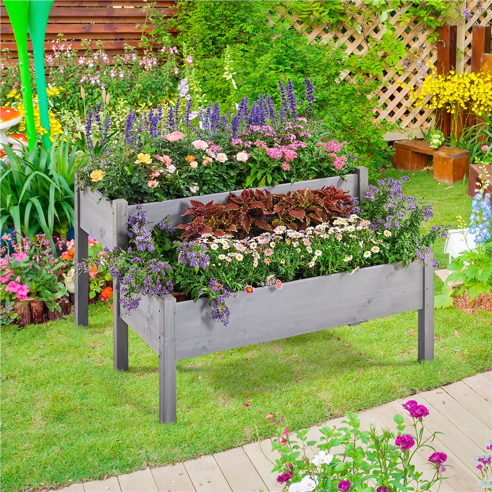 Renwick 2-tier Elevated Wooden Planter Box for Garden Yard Patio, Gray