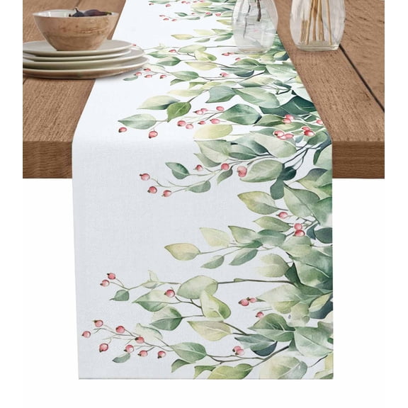 Ldtrchee Green Summer Eucalyptus Leaves Table Runner 48 Inches, Spring Floral Botanical Bed Runner Dresser Scarves Tabletop for Indoor Outdoor Parties/Ceremony/Banquet, 13" x 48"
