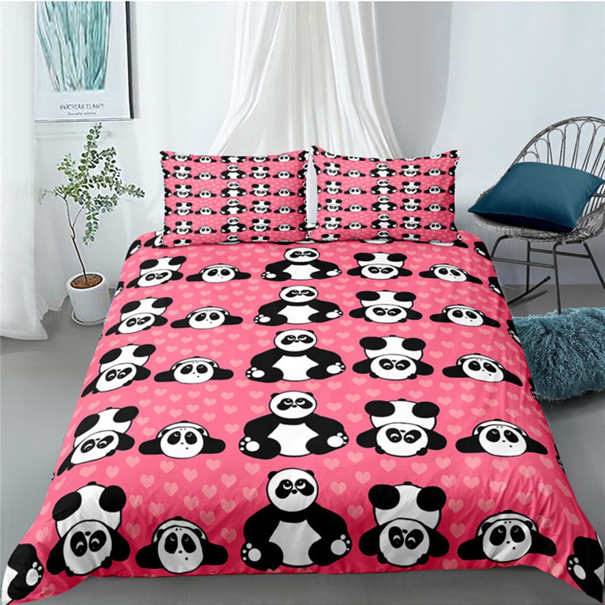 Panda Duvet Cover Cartoon Style Cute Kawaii Bear Drawing Polyester King