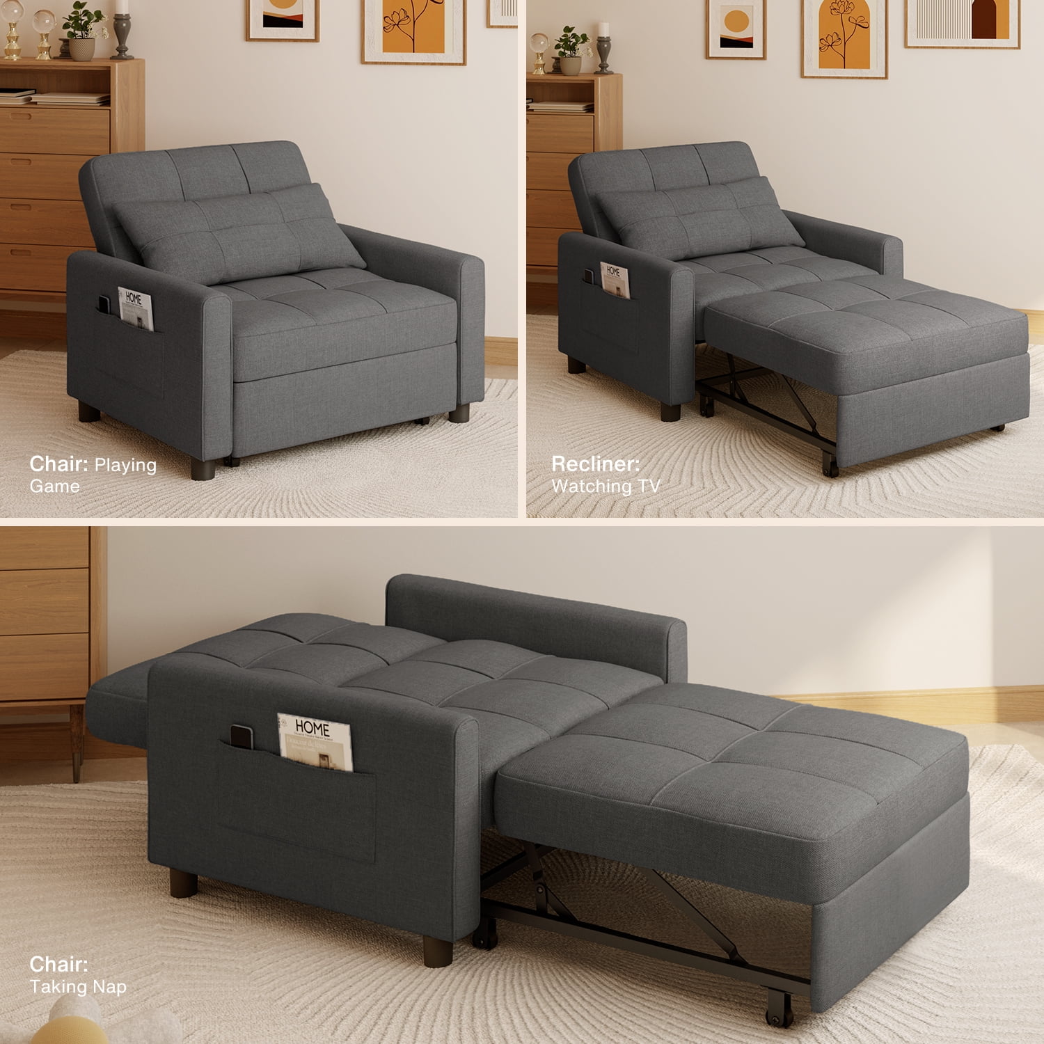 3-in-1 Convertible Sleeper Chair, Lightweight Foldable Sofa Bed for Small Spaces, Linen Upholstery, Dark Gray