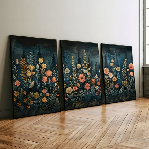Luvia Wildflower Field Whimsigoth Set Of 3 Wall Art Poster Or Print, Dark Floral Art Print Moodie Art Dark Cottagecore, Botanical Art Print, Modern Wall Decor Set 3 Prints 8x12 UNFRAMED