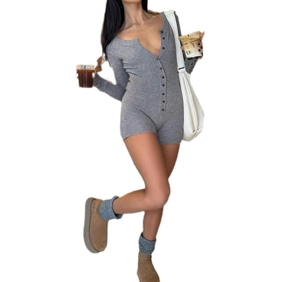 CoCozhu Women's Buckle Closure Waist Slimming Romper Vintage Aesthetic Elastic Knitted Tops Long Sleeve One Piece Alt Bodysuit