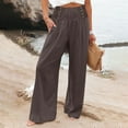 thumbnail image 2 of YUGYXL High Elastic Waist Linen Pants for Women Button Up Palazzo Pants with Pockets Summer Lightweight Wide Leg Pants Coffee M, 2 of 6