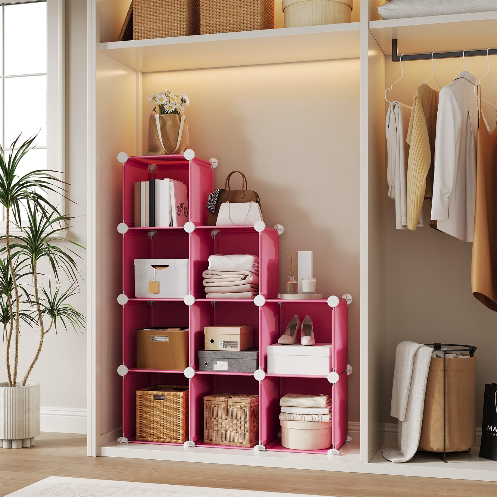 9 Cube Storage Organizer, DIY Modular Bookshelf & Closet Organizer, Plastic Stackable Shelving Cubes with Feet & Rubber Mallet