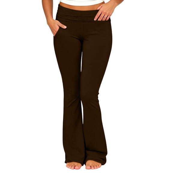 Bzdzmqm Women Plus Size Flare Leg High Waisted Pants with Pockets Solid Casual Lounge Long Pants Fashion Trousers, Coffee 3XL